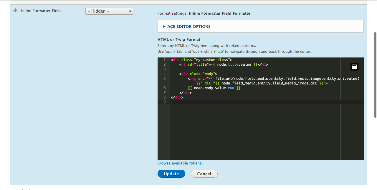 A screenshot of using the Inline Formatter Field on the admin screen.